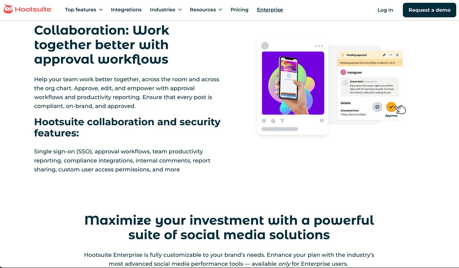Hootsuite page on team approval workflows, with an Instagram post waiting for approval.