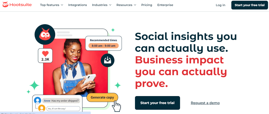 Hootsuite homepage: 'Social insights you can actually use. Business impact you can actually prove.'