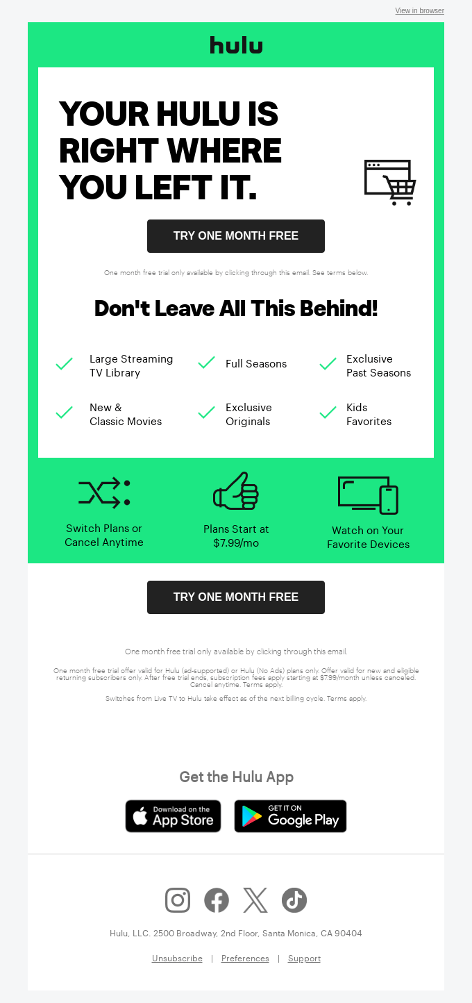 Hulu - email marketing call to action example