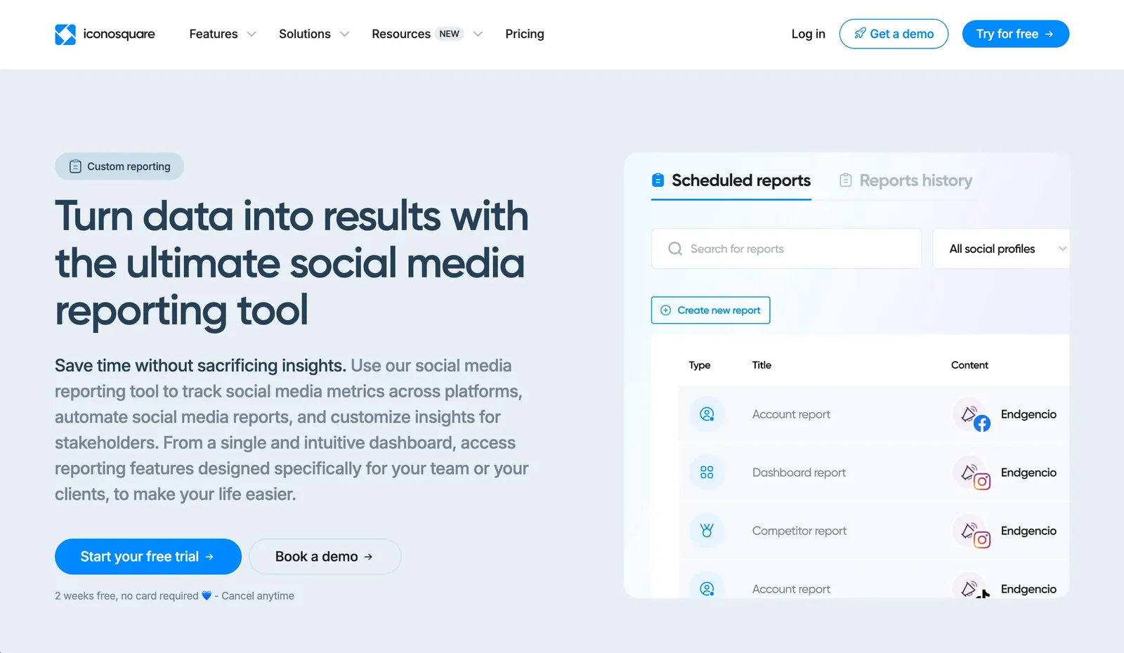 Iconosquare social media reporting page with a list of scheduled automated reports.