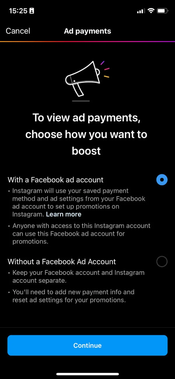 Instagram Ad payments screen asking whether to boost with or without a Facebook ad account.