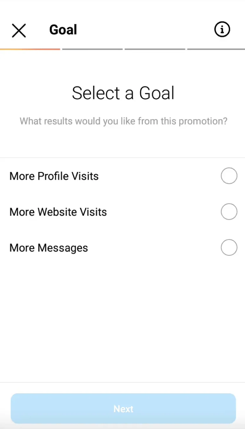 Instagram boost 'Select a Goal' step: more profile visits, website visits, or messages.