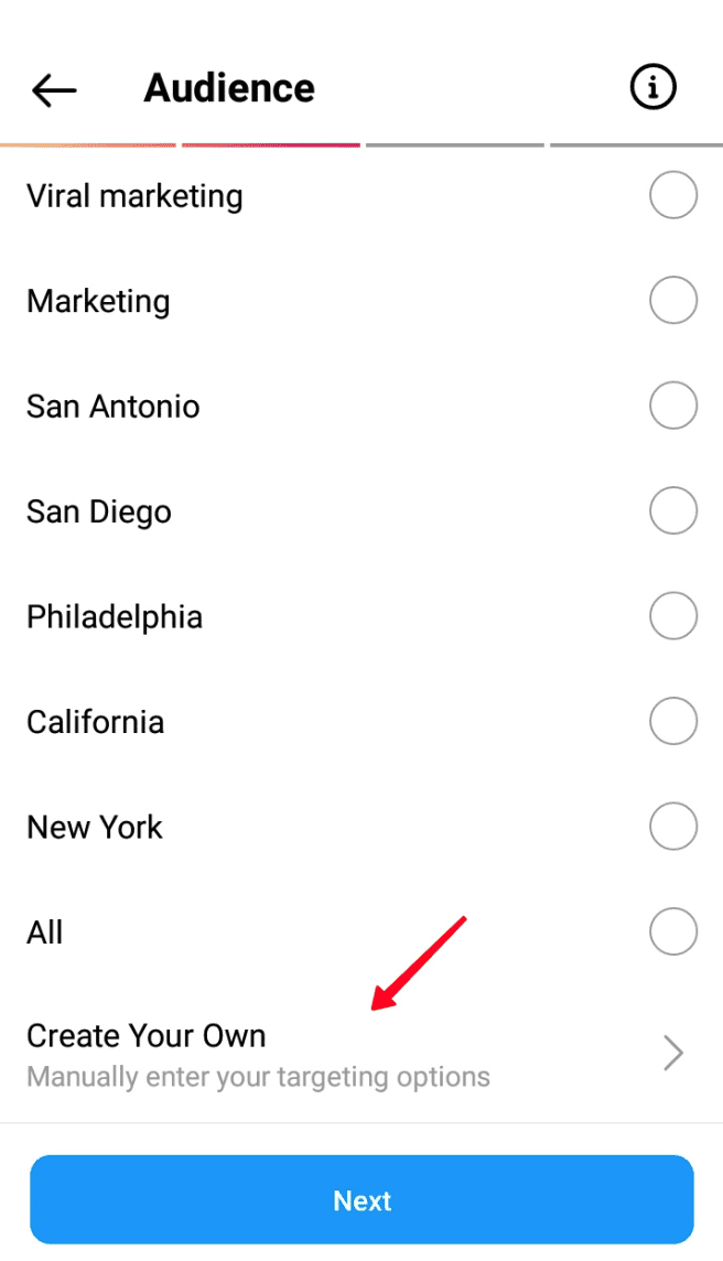 Instagram boost post - create custom audience