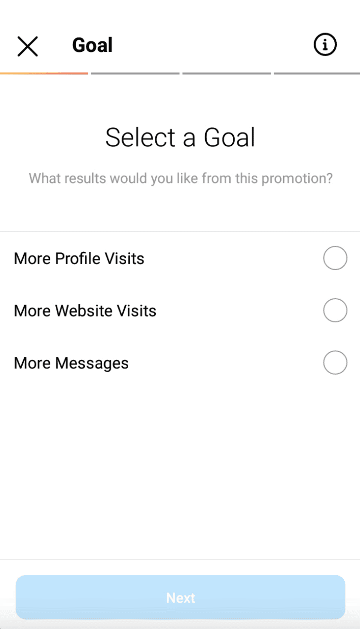 Instagram boost goal screen offering more profile visits, more website visits, or more messages.