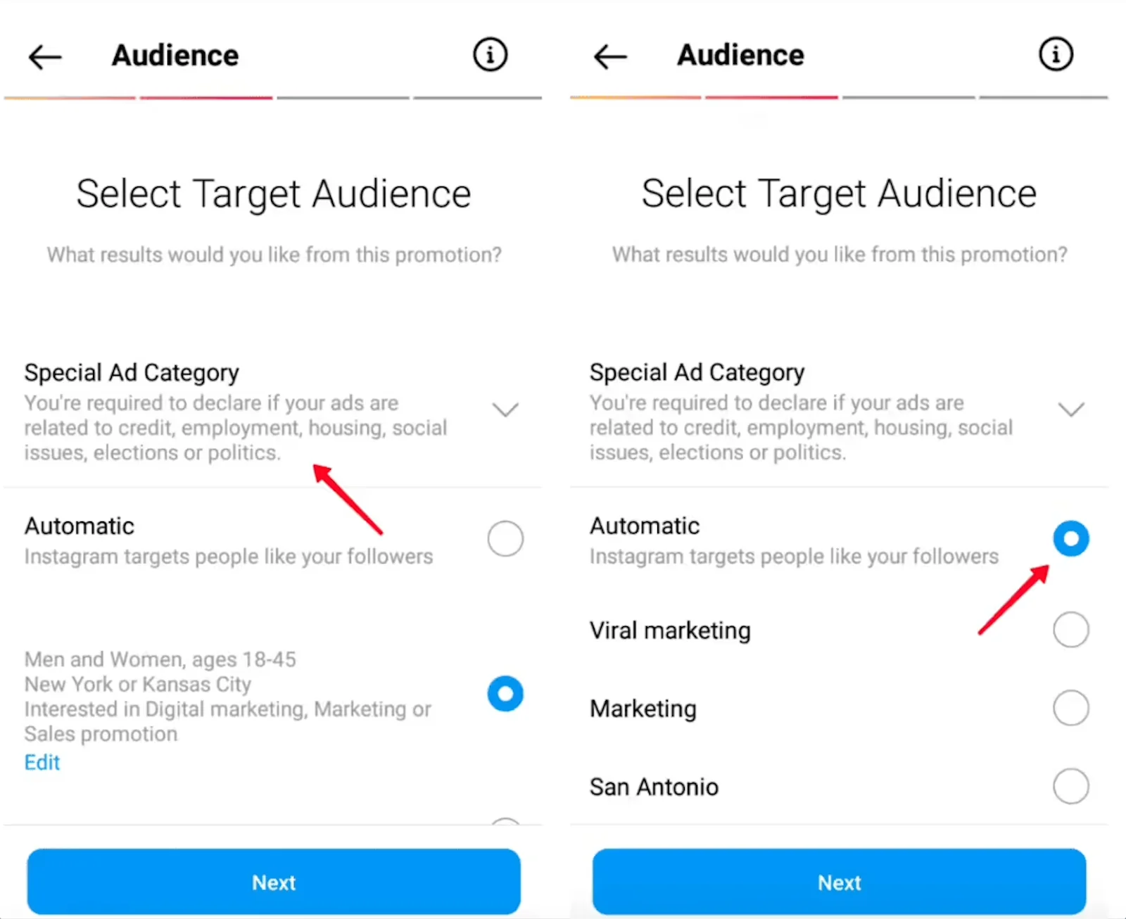 Instagram boost 'Select Target Audience' step showing the Special Ad Category option and automatic targeting.