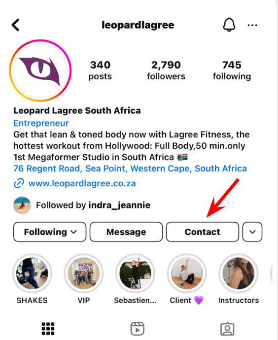 Instagram business account contact button 