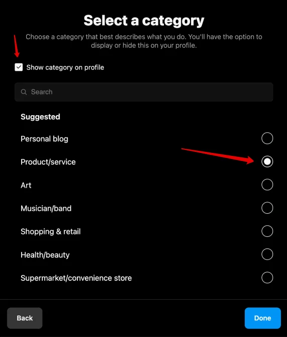 Instagram 'Select a category' screen with 'Show category on profile' checked and Product/service chosen.