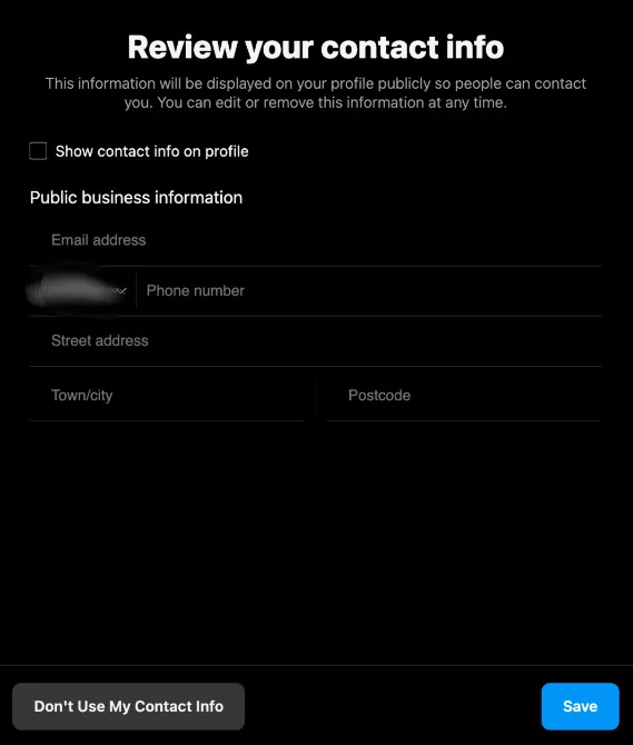 Instagram 'Review your contact info' screen for adding a public business email, phone, and address.
