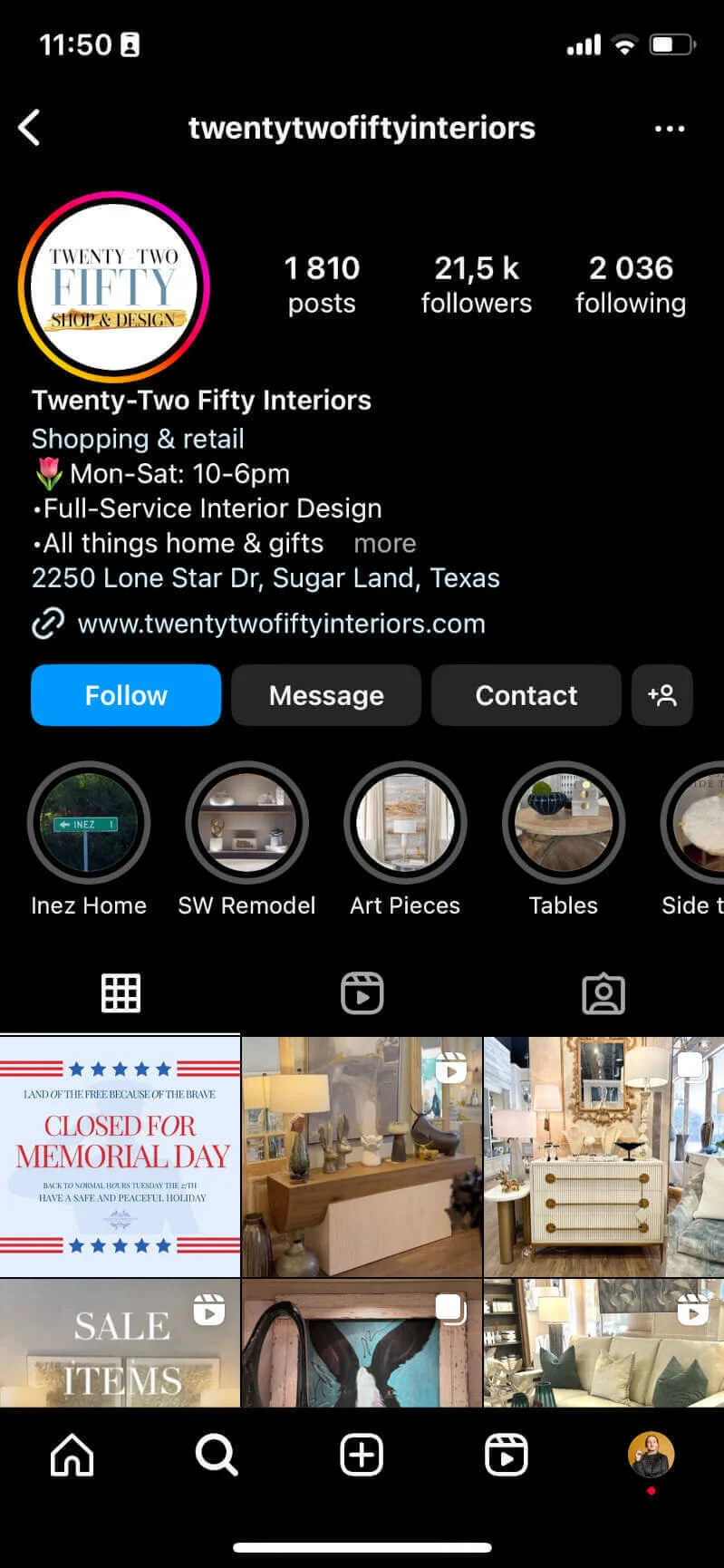 Instagram business profile for an interiors store, with category, opening hours, address, website, and Contact button.