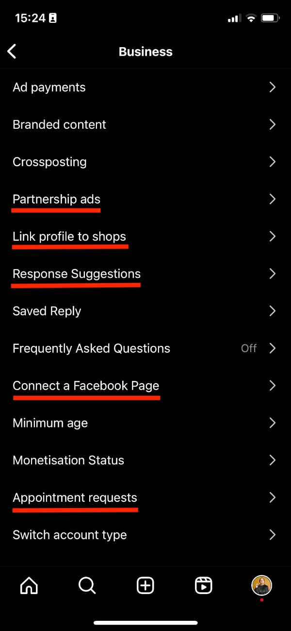 Instagram Business tools menu with partnership ads, shop links, Facebook Page connection, and appointment requests underlined.
