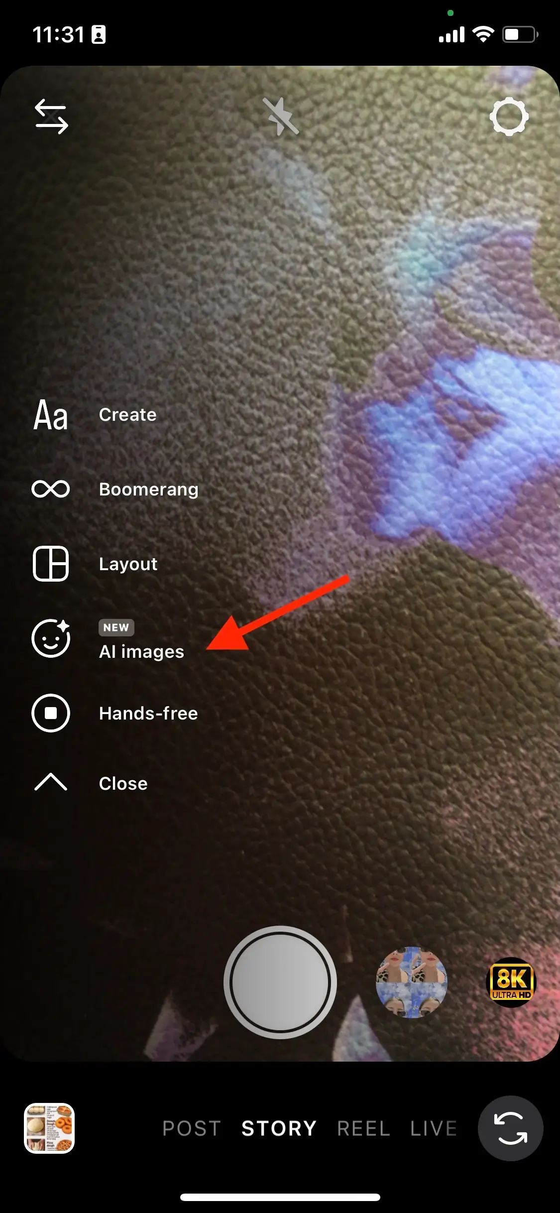 'AI images' option in the Instagram camera menu, which opens Meta AI image generation.