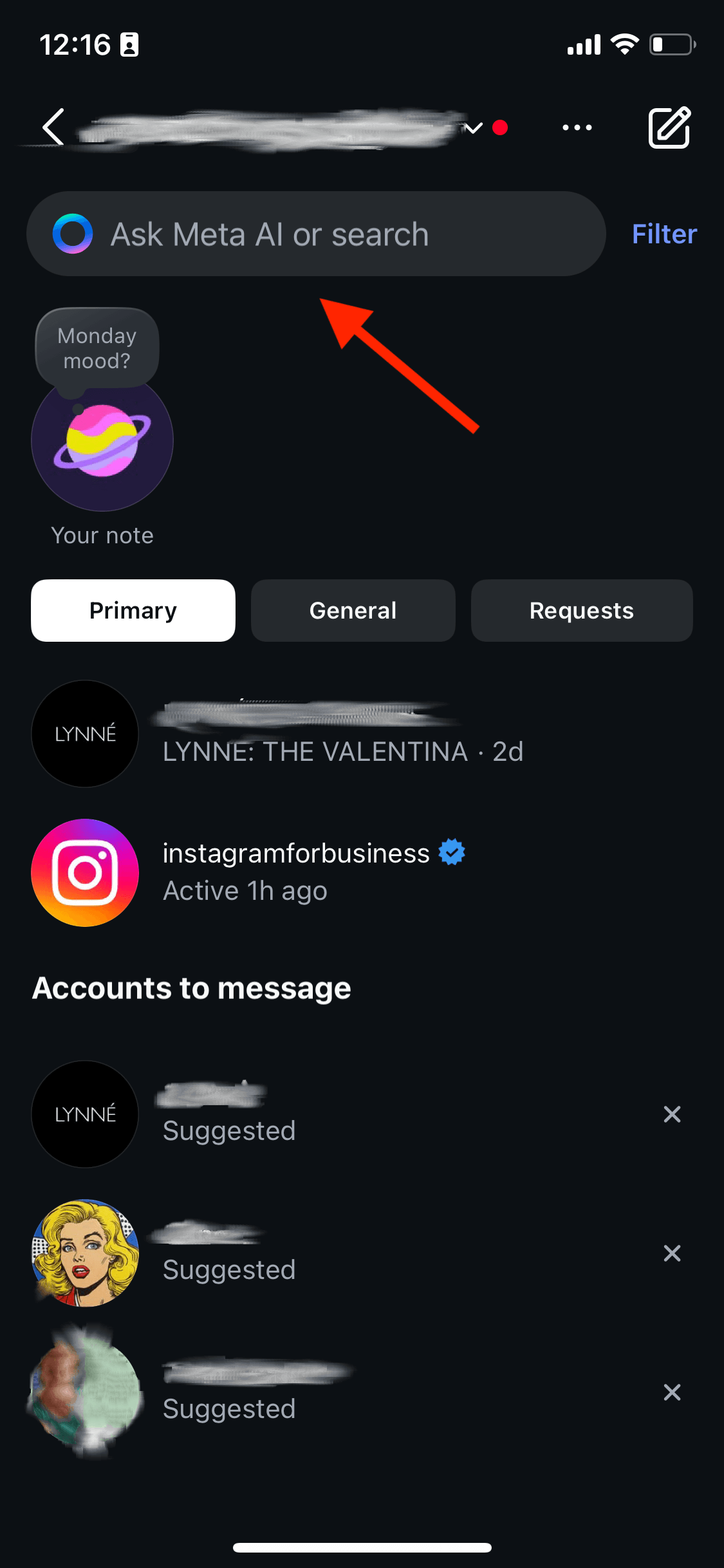 'Ask Meta AI or search' bar at the top of Instagram direct messages.