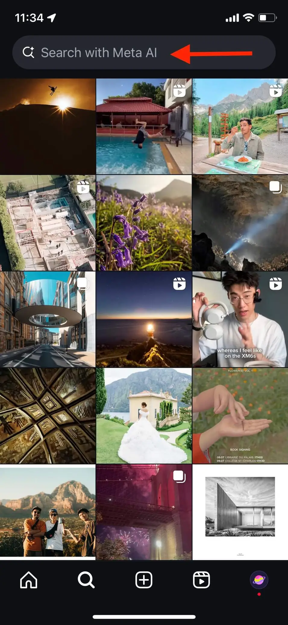 'Search with Meta AI' bar at the top of the Instagram Explore page.