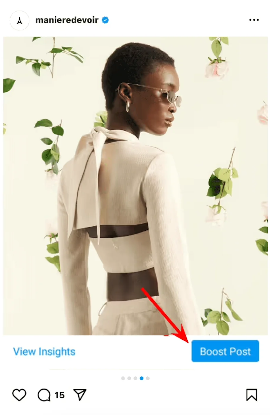 Instagram fashion post with the 'Boost Post' button highlighted.