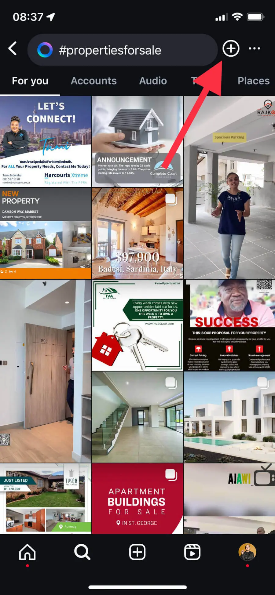 Instagram #propertiesforsale hashtag page with an arrow pointing to the button for following the hashtag.