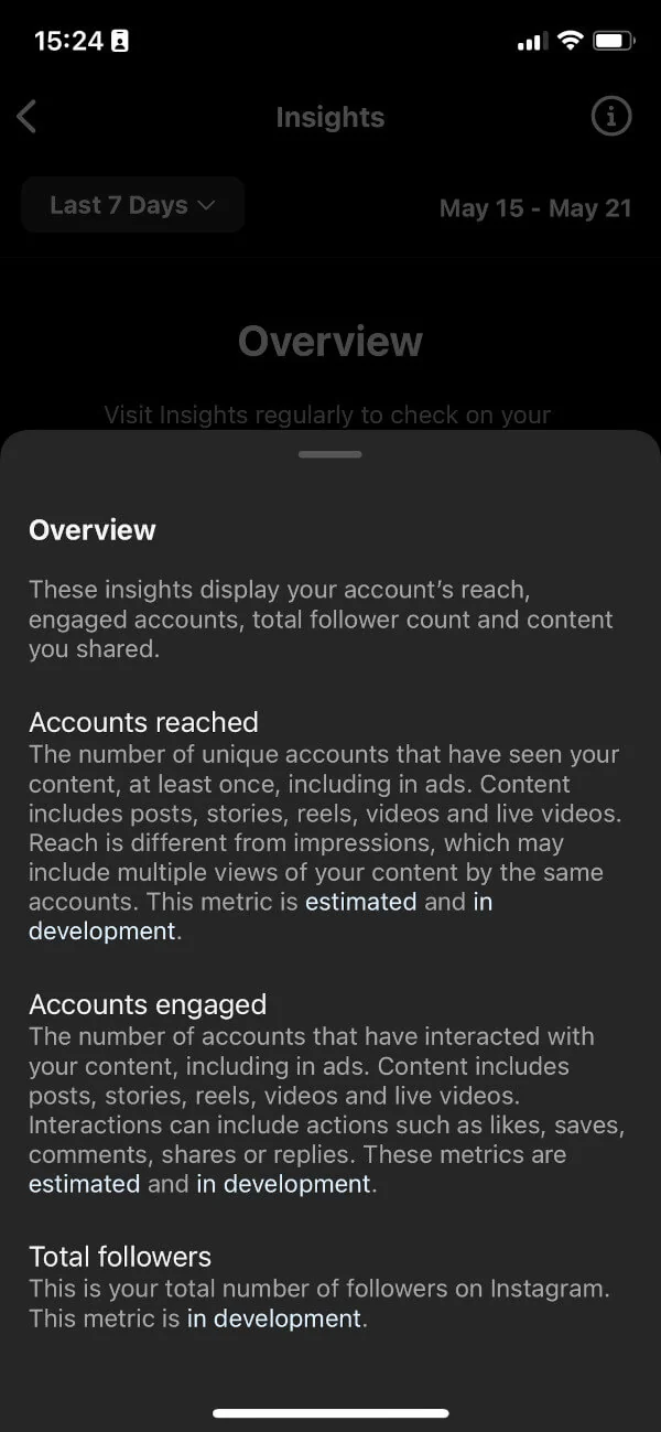 Instagram Insights panel explaining what accounts reached, accounts engaged, and total followers mean.