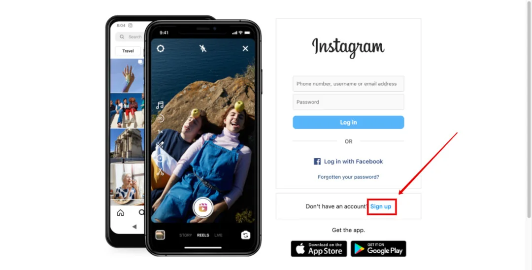 Instagram login page with the 'Sign up' link highlighted for creating a new account.