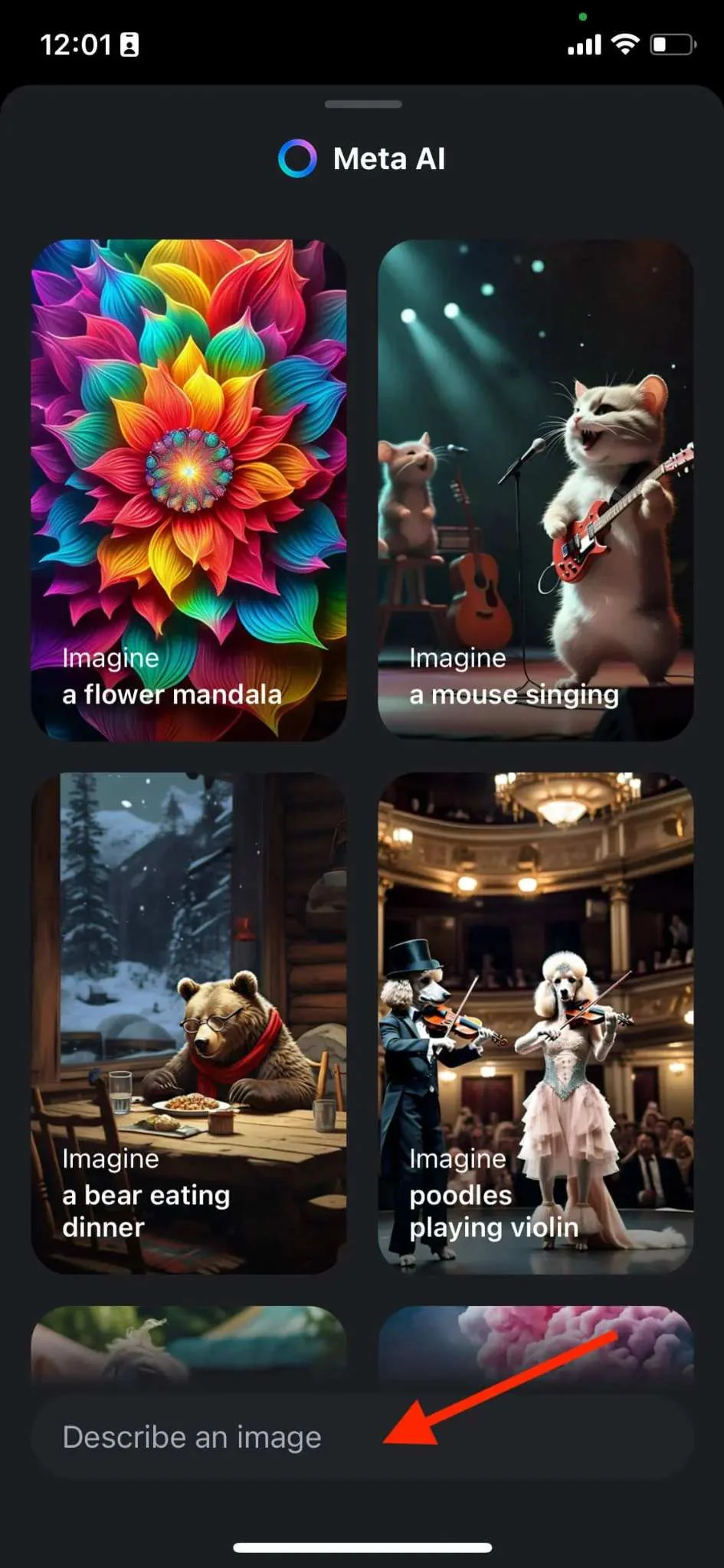 Meta AI image generator in Instagram, with example prompts and the 'Describe an image' field highlighted.