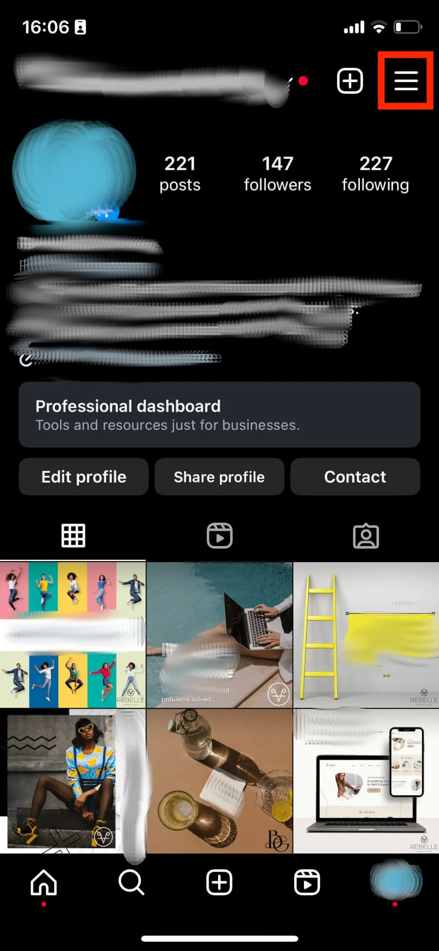 Instagram business profile with the three-line menu icon highlighted at top right