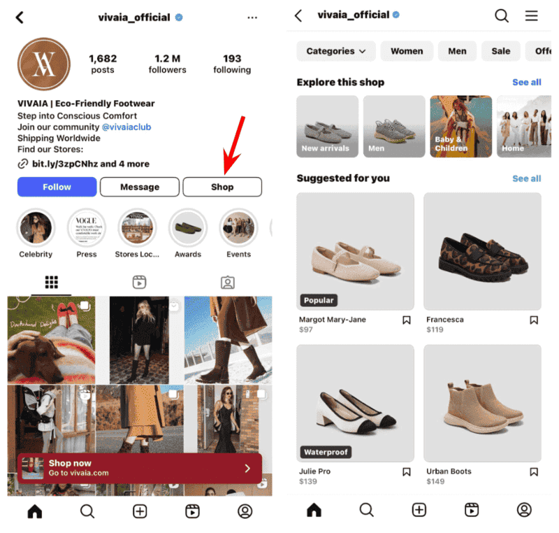 Instagram 'Shop' button on business profile