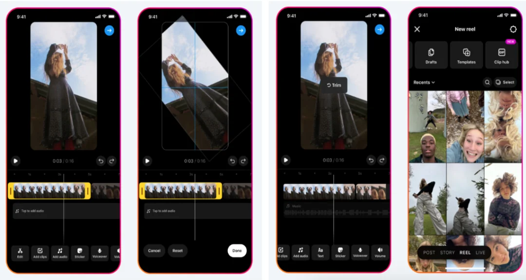 Instagram Reels editor updates, including trimming and rotating clips and the new Clip hub