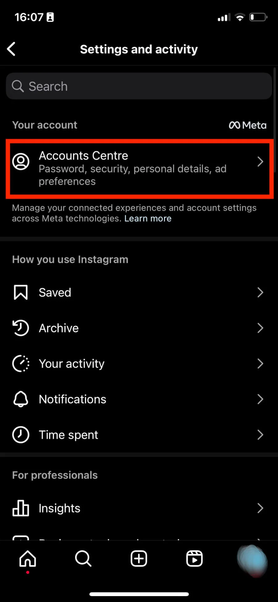Instagram Settings and activity menu with Accounts Centre highlighted