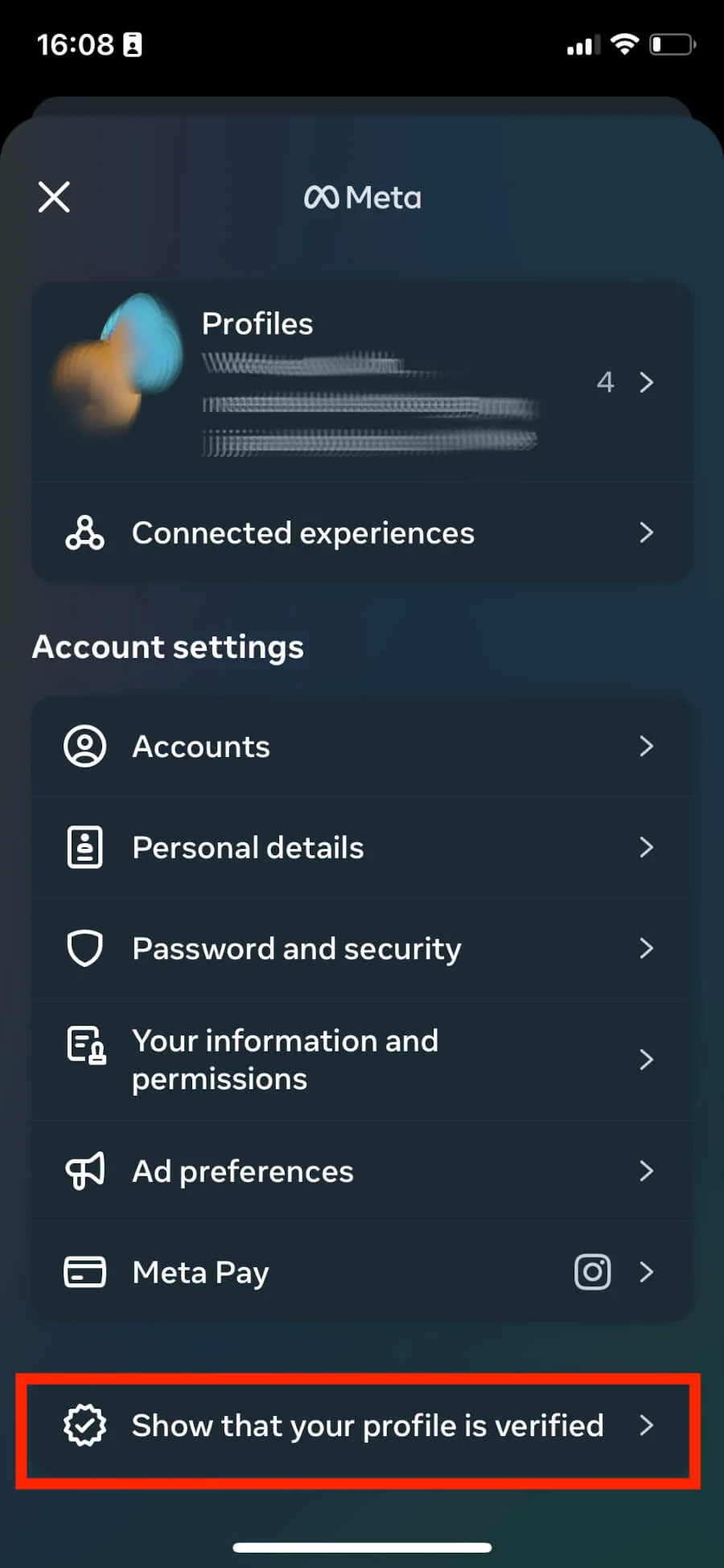 Meta Accounts Centre with the 'Show that your profile is verified' option highlighted