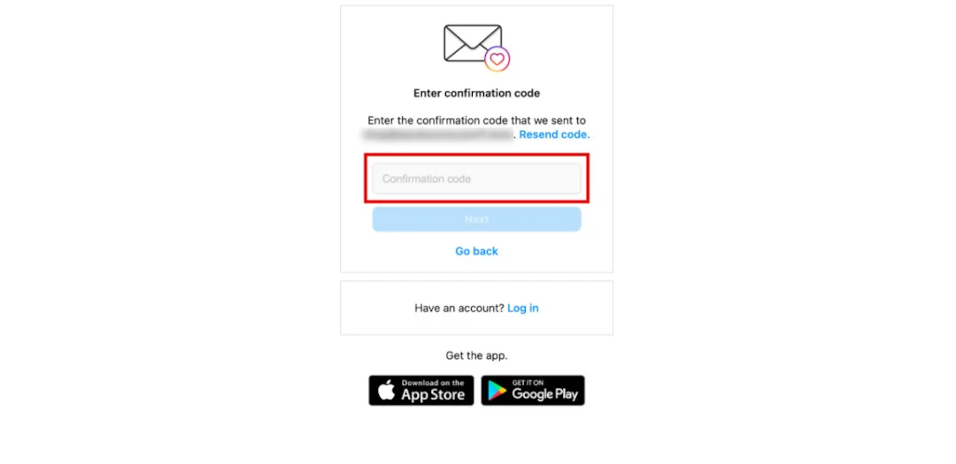 Instagram 'Enter confirmation code' step, with the code field highlighted.