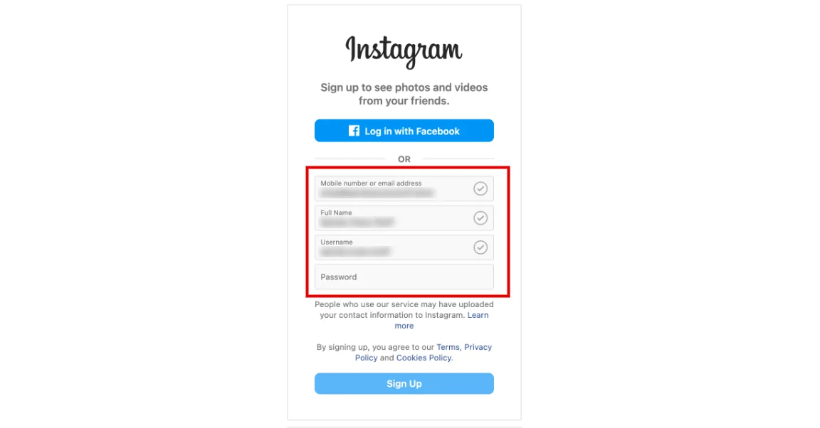 Instagram sign-up form with the email or mobile, full name, username, and password fields highlighted.