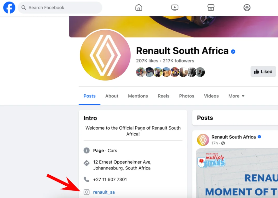 Instagram social media in Renault Facebook bio