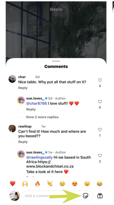 Instagram sticker icon in comments