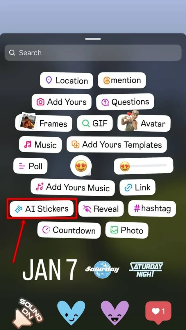 Instagram Story sticker tray with the 'AI Stickers' option highlighted.