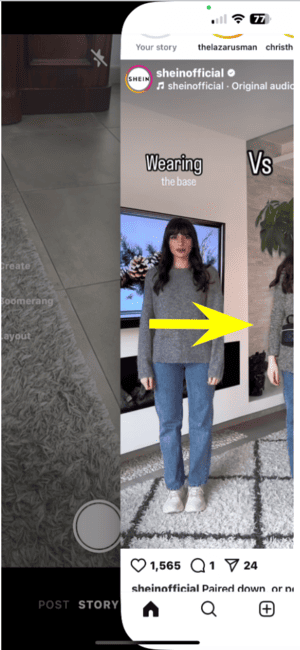 Instagram - swipe right to create a Story