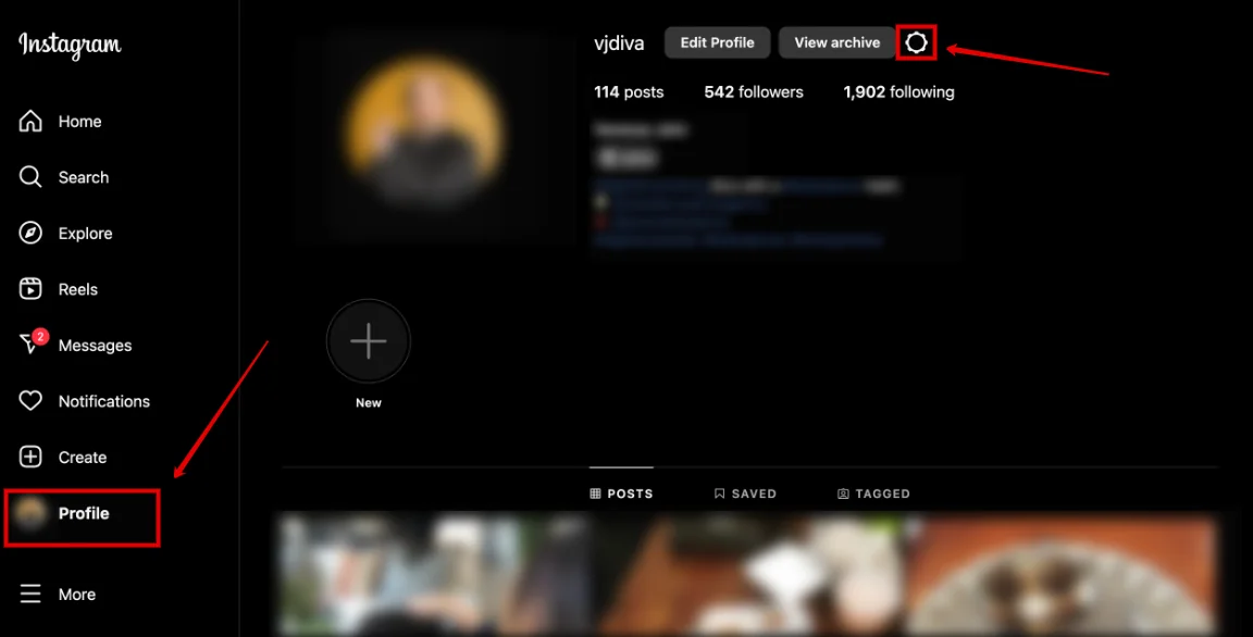 Instagram web profile with the Profile menu item and the settings gear icon highlighted.