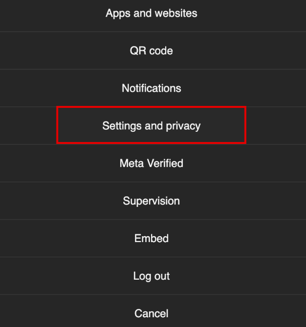 Instagram profile menu with 'Settings and privacy' highlighted.