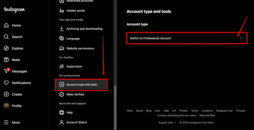 Instagram 'Account type and tools' settings with 'Switch to Professional Account' highlighted.