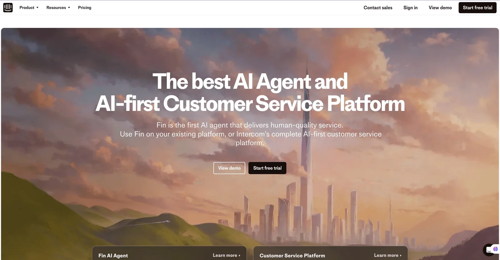 Intercom homepage introducing Fin, its AI agent for customer service.