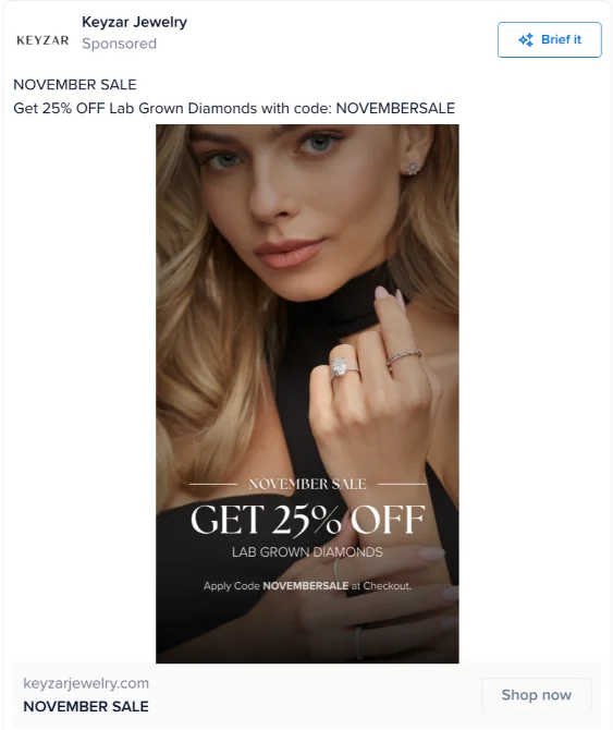 Keyzar Jewelry ad with a clear product image and one offer: 25% off lab-grown diamonds in its November sale.