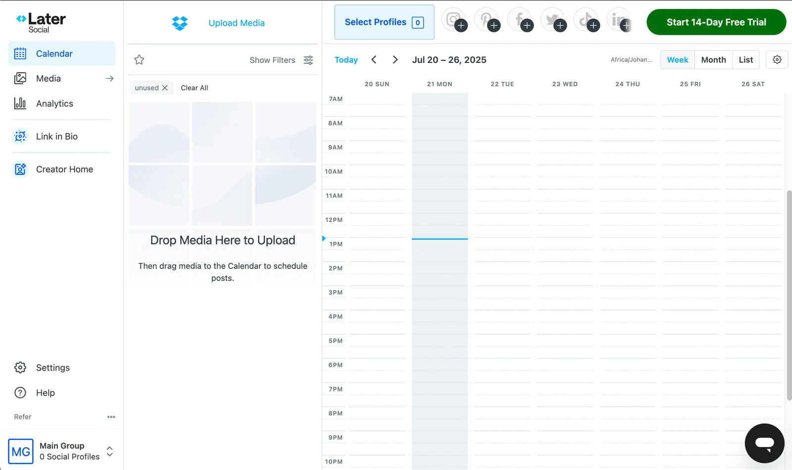 Later Social weekly calendar with a media panel for dragging posts onto the schedule.