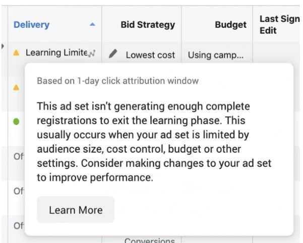 Learning limited - Facebook ad delivery