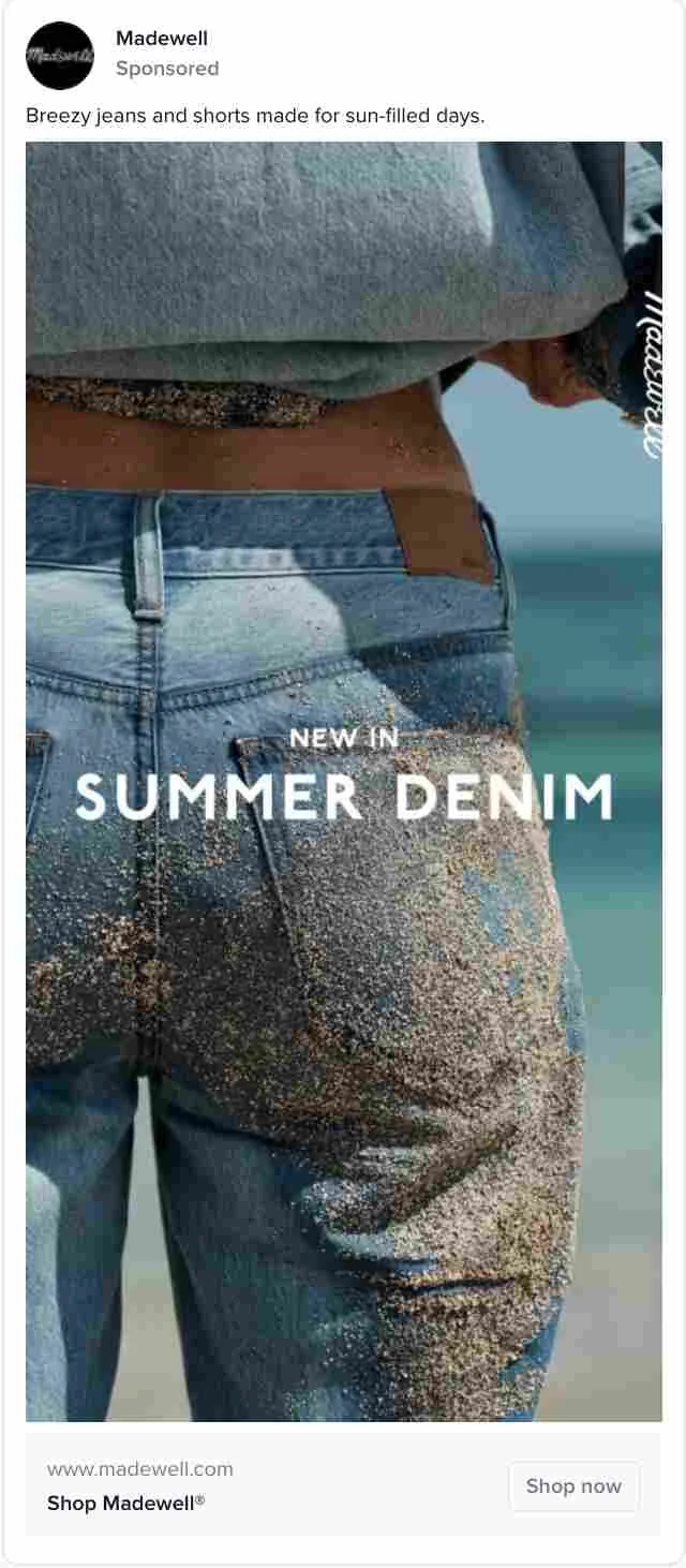 Madewell Instagram image ad with 'New in summer denim' over sandy jeans on a beach.
