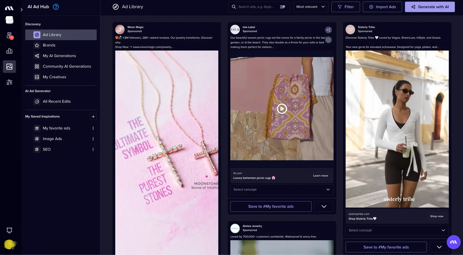 Madgicx Ad Library in the AI Ad Hub, browsing competitor ads for creative inspiration.