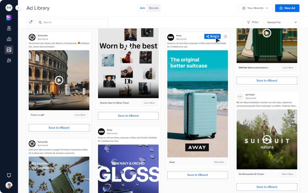 Madgicx Ad Library grid of brand ads with Save to Board and Brief it buttons for ad design inspiration.