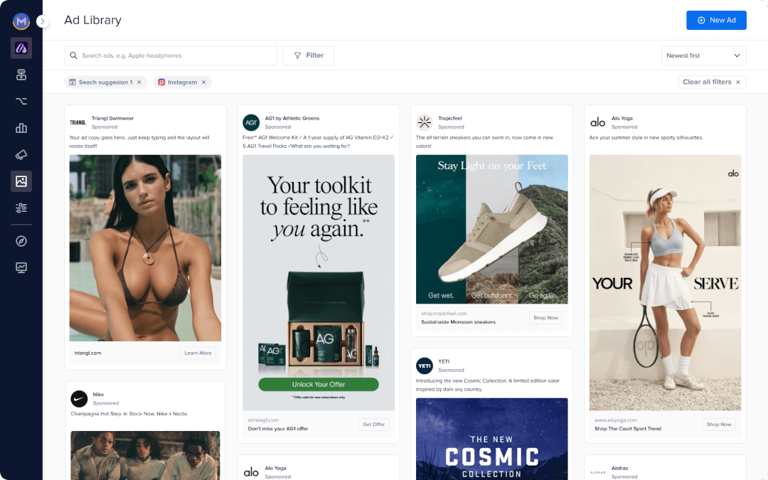Madgicx Ad Library filtered to Instagram, with a grid of brand ads from Nike, Alo Yoga, and others for creative inspiration.