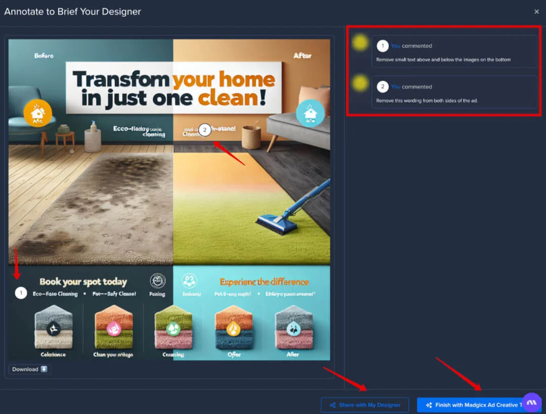 Madgicx 'Annotate to Brief Your Designer' screen with comments on an AI-generated ad, ready to share or finish.