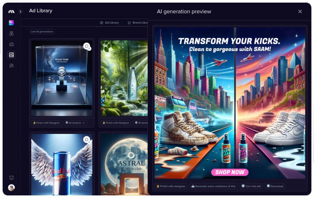 Madgicx AI Ad Generator previewing a new AI-generated ad creative next to earlier generations.
