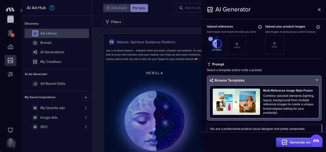 Madgicx AI Ad Generator panel for uploading reference and product images and choosing a prompt template.