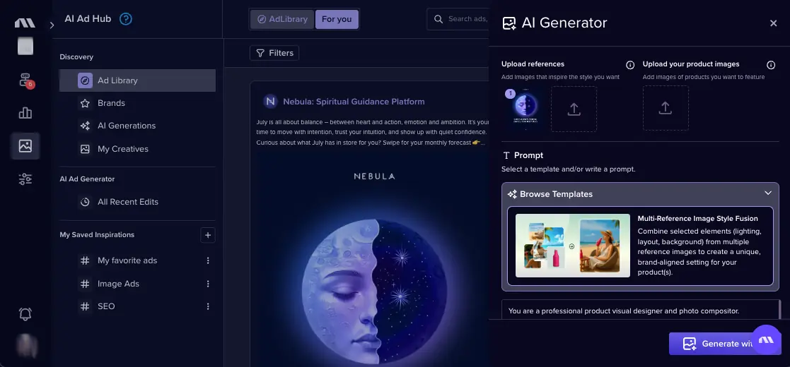 Madgicx AI Ad Generator panel for uploading reference and product images and choosing a prompt template.