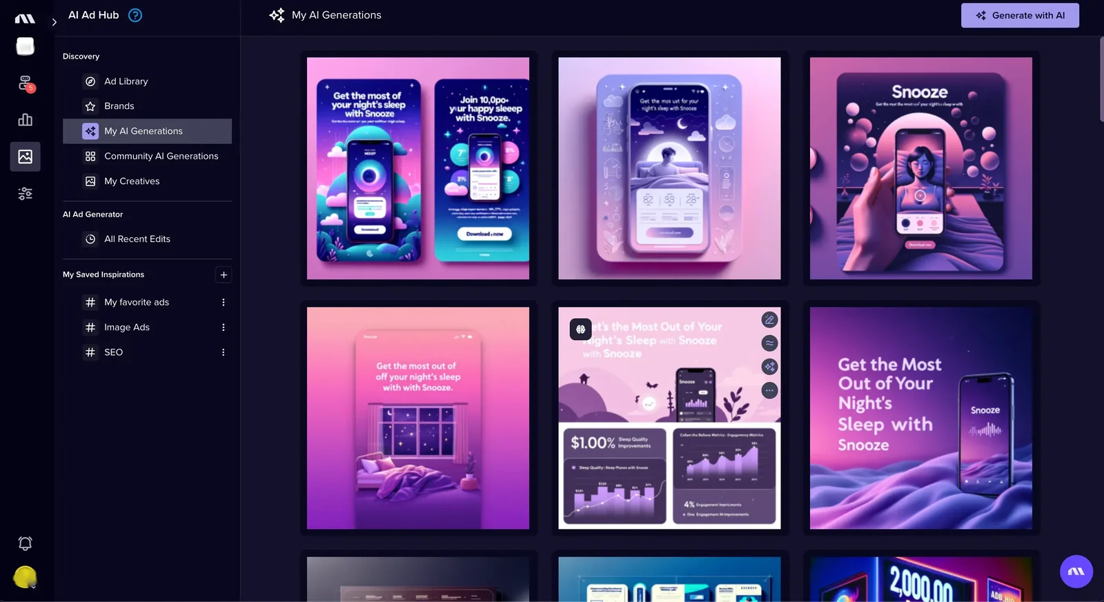 Madgicx AI Ad Hub showing a gallery of AI-generated ad creatives.