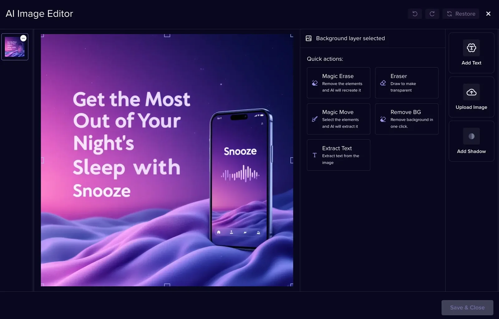 Madgicx AI Image Editor with Magic Erase, Remove BG, and Extract Text quick actions for editing an ad creative.